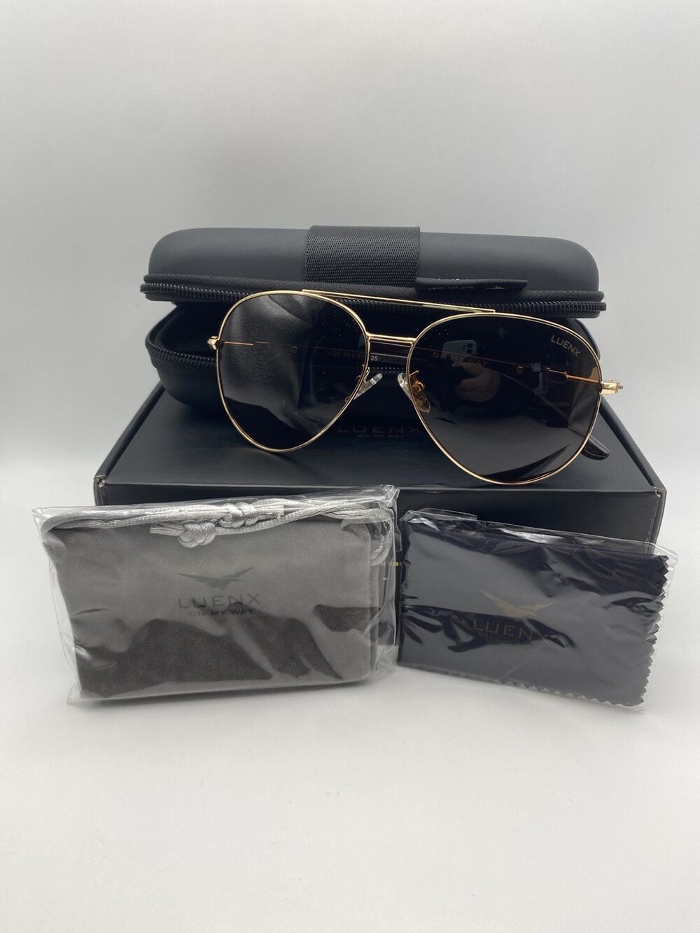 LUENX Aviator Sunglasses Gold Metal Full Rim Frame Brown Tinted Lenses Case NEW
